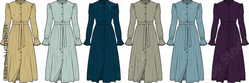 Collection of elegant long-sleeved button-front dresses in various colors, featuring a belted waist for a modest and stylish design aesthetic