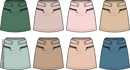 Fashion technical flat sketch of a mini skirt with zipper pockets. Vector illustration set in various color options for apparel design and clothing mockups