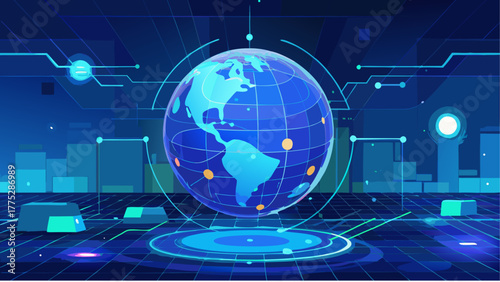 Futuristic digital globe with global network connections and cityscape silhouette isolated on white background