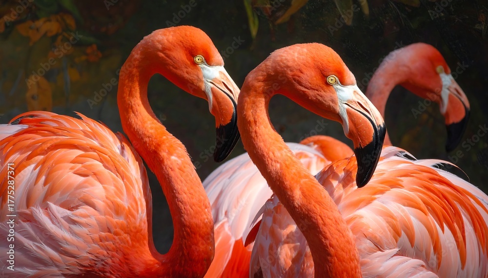 Fototapeta premium Vivid photo of three vibrant pink flamingos, showcasing their long necks, black beaks, and striking feathers. Lush green foliage forms a contrasting background