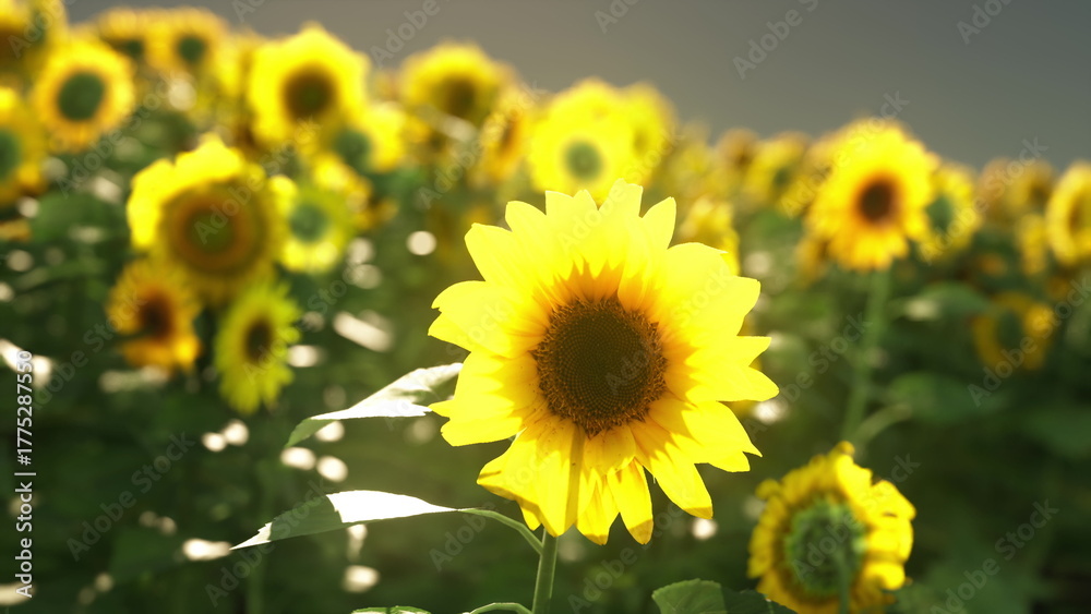 Fototapeta premium A vibrant field of sunflowers stretches across the landscape, basking in warm sunlight. Each flower stands tall, showcasing bright yellow petals and dark centers amidst lush green leaves.