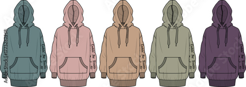 Collection of five flat vector illustrations depicting classic long-sleeved hoodies in various muted colors, perfect for fashion design and apparel mockups