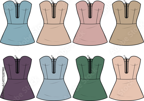 Eight different colors of strapless bustier tops with zipper closure, fashion flat sketches for women's clothing design