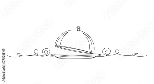 One Continuous Line Drawing of Food Cover Plate Dish, minimalist line art for restaurant, and food service design