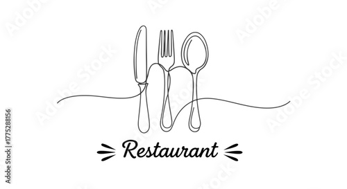 Continuous one line drawing of restaurant cutlery set fork, knife, and spoon, perfect for minimalist branding and culinary design solutions