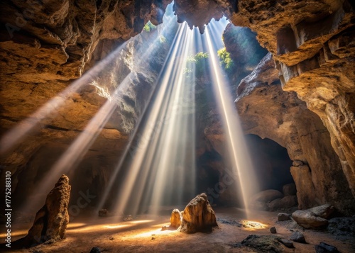 Light beams penetrate deep into the cave's depths