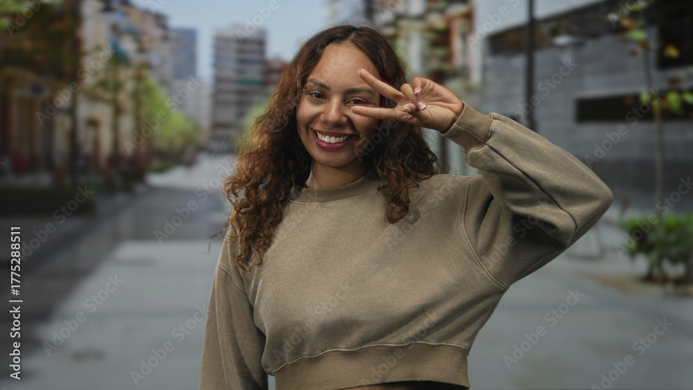 Fototapeta premium Woman showing peace sign with hand and smiling face on a lively city street with buildings; carefree joy.