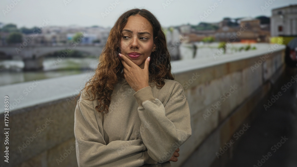 Fototapeta premium Woman biting fingernails on street beside old town bridge with hand to mouth gesture; anxiety uncertainty doubt.