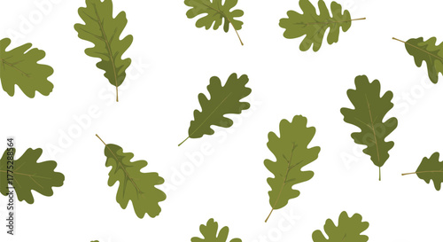 Scattered green oak leaves with detailed veins create a fresh, natural pattern on a clean white background, perfect for botanical themes.