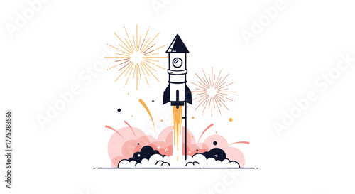 Vibrant illustration of a rocket taking off with a burst of fireworks and smoke, capturing the essence of a successful project or business launch.