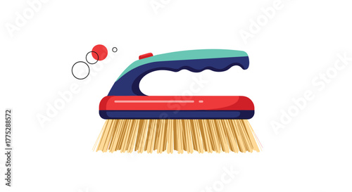 A colorful, modern scrub brush with an ergonomic handle and sturdy bristles, suitable for household cleaning tasks, on a white background.