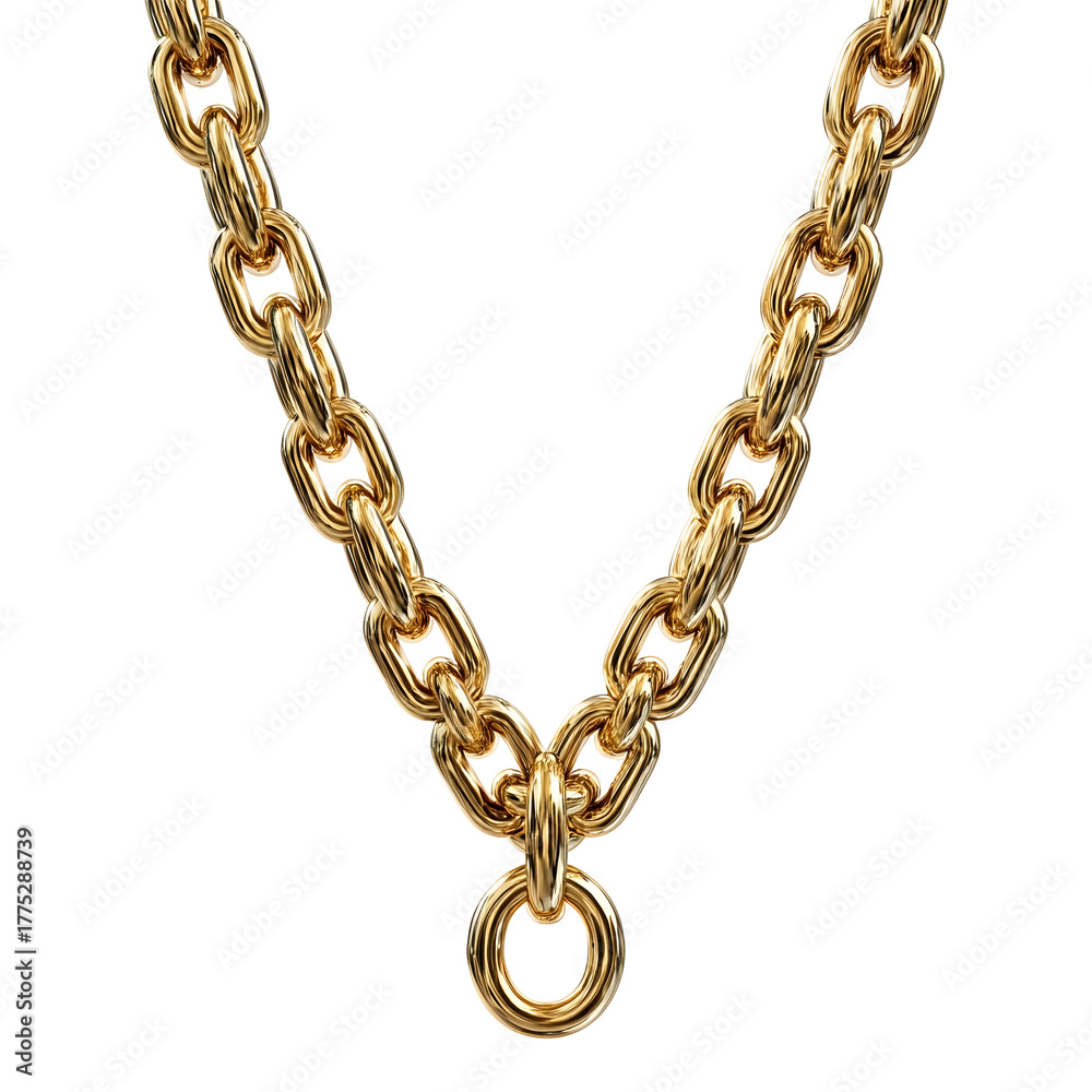 Fototapeta premium A bold gold chain necklace with a circular pendant isolated on a clean white background showcasing its luxurious design and metallic sheen