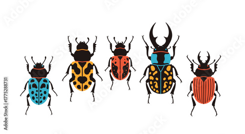 Artistic vector illustration set featuring an assortment of colorful beetles, including a stag beetle, with unique markings and vibrant hues.