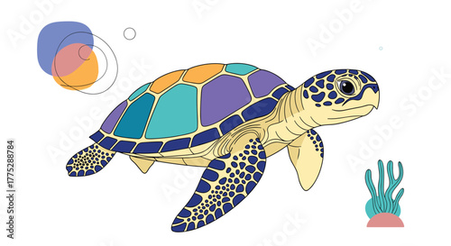 A charming illustration of a marine sea turtle with a multi-colored shell swimming serenely amidst abstract underwater elements.