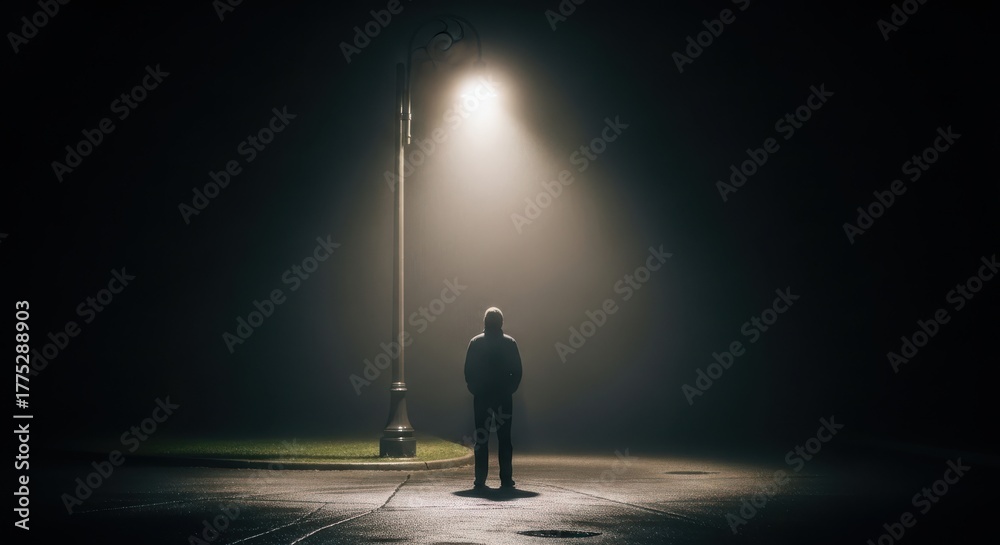 Obraz premium A solitary person stands beneath a solitary streetlamp at night, bathed in its bright, isolated beam, creating a dramatic and atmospheric scene of loneliness and contemplation