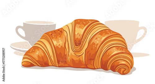 A tempting golden croissant takes center stage, flanked by two subtly sketched coffee cups, evoking a cozy breakfast scene.