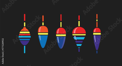 An illustration of five colorful fishing bobbers, each with unique shapes and striped patterns, set against a dark, minimalist background.