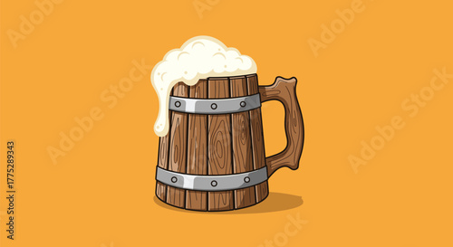 A cartoon illustration of a traditional wooden beer mug overflowing with white foamy head, set against a simple orange background.