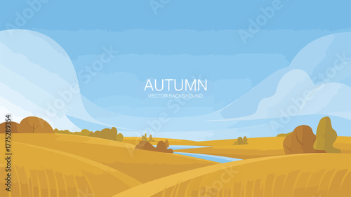 Stylized Autumn Landscape with Golden Fields and Blue Sky fall nature