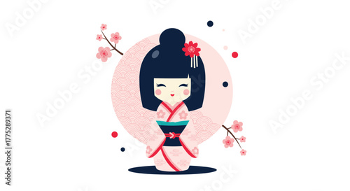 A cute and traditional Japanese Kokeshi doll illustration, featuring a cheerful girl in a pink kimono with cherry blossoms and a decorative background.