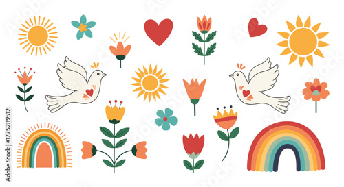 A delightful collection of colorful, whimsical illustrations featuring nature elements like suns, doves, hearts, rainbows, and blooming flowers.