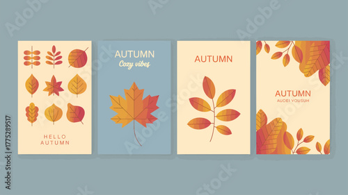 Collection of four autumn themed greeting card designs fall leaves