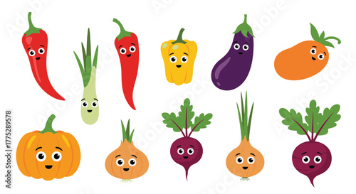 A charming collection of cartoon vegetables with cheerful faces, including peppers, onions, eggplant, pumpkin, and beets, against a white background.