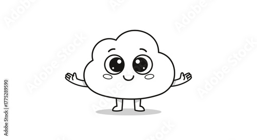 A cheerful and welcoming cartoon cloud character with a happy face and open arms, illustrated in a simple black and white line art style.