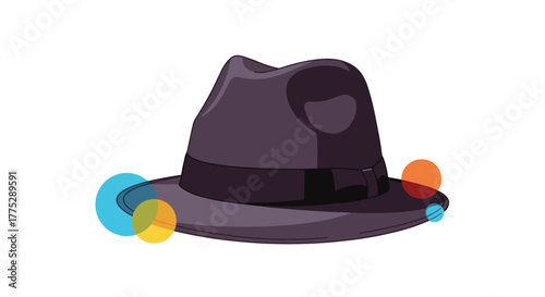 A stylish purple fedora hat is adorned with several overlapping translucent colorful circles on a white background.