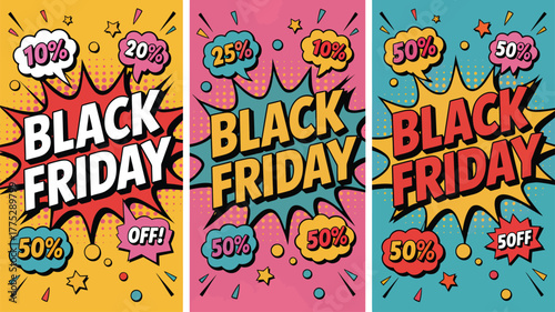 Black Friday Sale Comic Style Vertical Panels with Discounts Keywords: black friday, sale