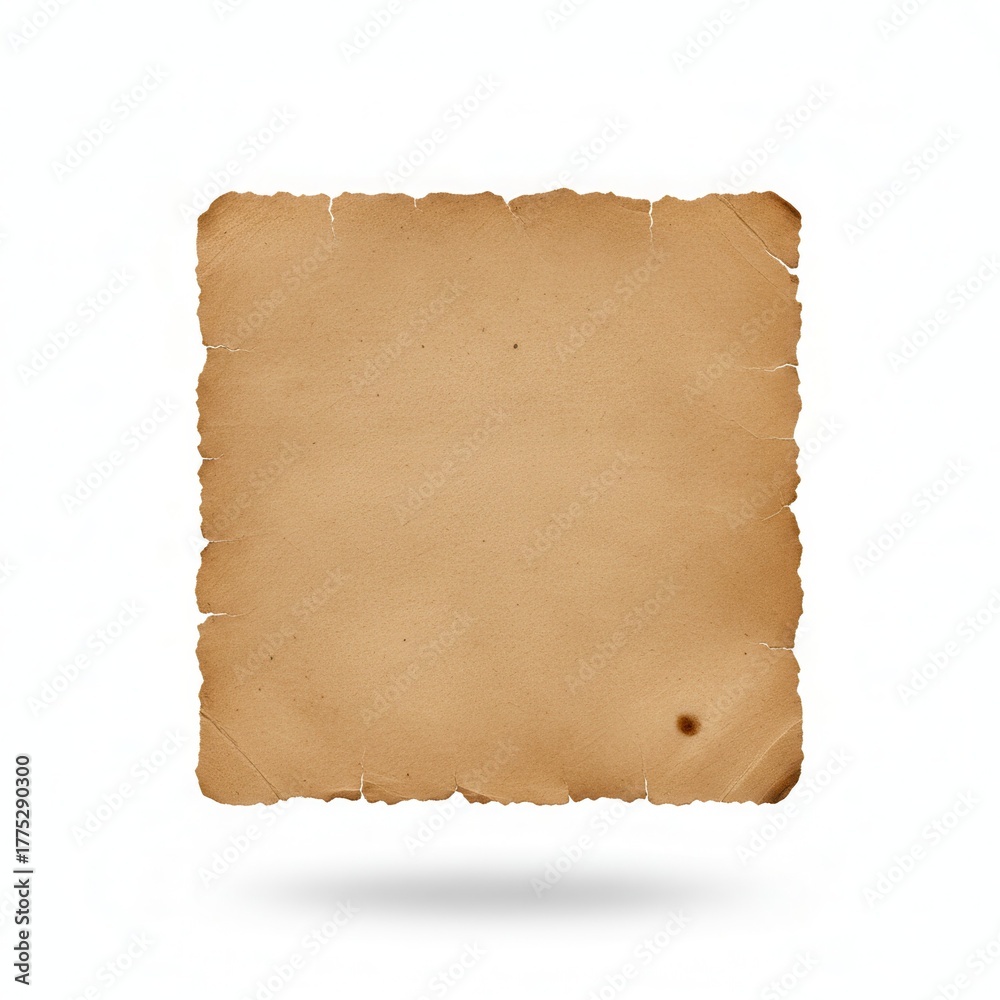 Fototapeta premium Aged textured paper with burnt edges and a slight shadow isolated on white background