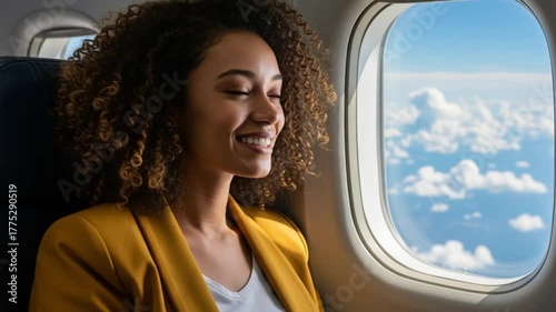 Woman looking out airplane window