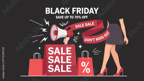 Black Friday Sale Announcement With Megaphone And Shopping Bags discount offer