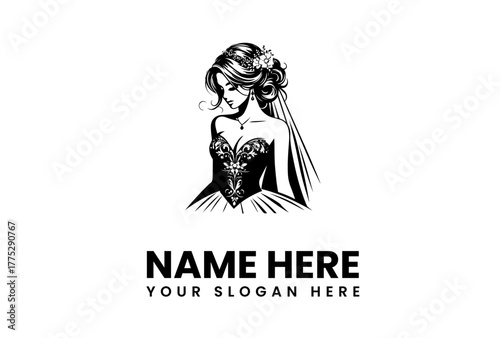 Elegant logo design featuring a hand-drawn illustration of a beautiful woman in a decorative wedding gown and veil, ideal for a bridal boutique or event planner brand identity