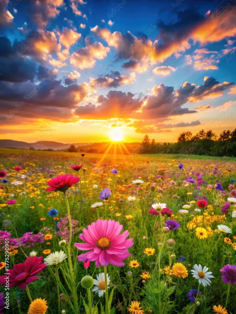 Fototapeta premium Vibrant flowers blooming in a lush meadow at sunset