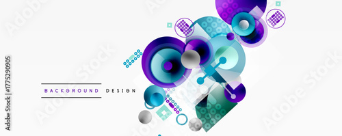 Abstract colorful circles, squares, dots create dynamic background design. Modern geometric shapes overlap, forming vibrant composition.