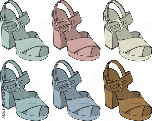 Vector illustration set of women's chunky platform sandals in various pastel and neutral colors. A fashion footwear collection of retro block heel shoes with ankle straps