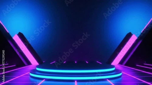 Futuristic neon stage with glowing blue and pink lights, perfect for virtual events or product launches