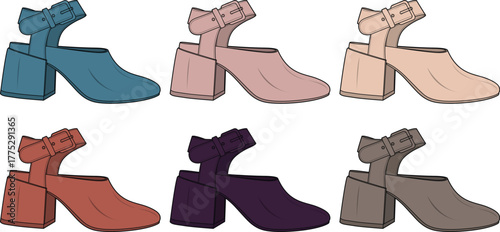 A vibrant collection of modern women's block heel sandals in an array of fashionable colors, showcasing diverse design options for stylish footwear and elegant apparel choices