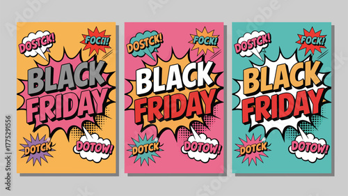 Black Friday Sale Pop Art Comic Style Posters Three Variations Keywords: black friday, sale, pop