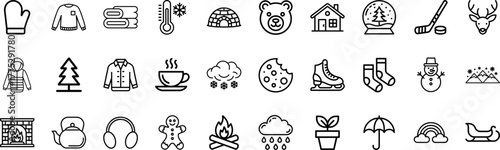 Winter Icon Set. Mittens, Sweater, Snowflakes, Igloo, Bear, Christmas Tree, Coffee, Skating, Fireplace, Gingerbread, Snowman, Rain, and More - Seasonal Pictograms