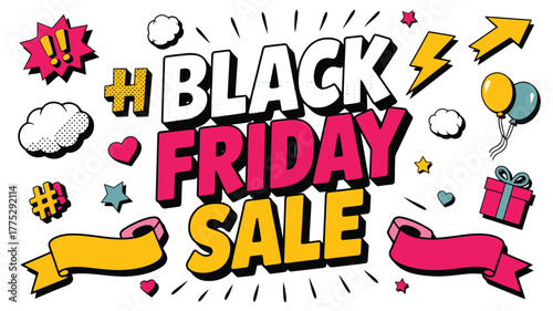 Black Friday Sale Pop Art Style With Comic Elements Keywords: black friday, sale, shopping