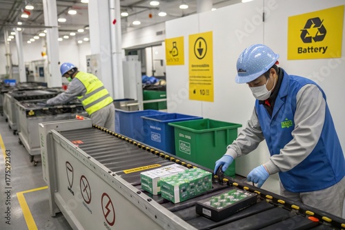 Workers Sorting Lithium Ion Batteries at Recycling Facility