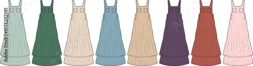 Collection of seven minimalist long aprons in various earthy and pastel color palettes, featuring a clean and practical design suitable for kitchen, craft, or uniform purposes