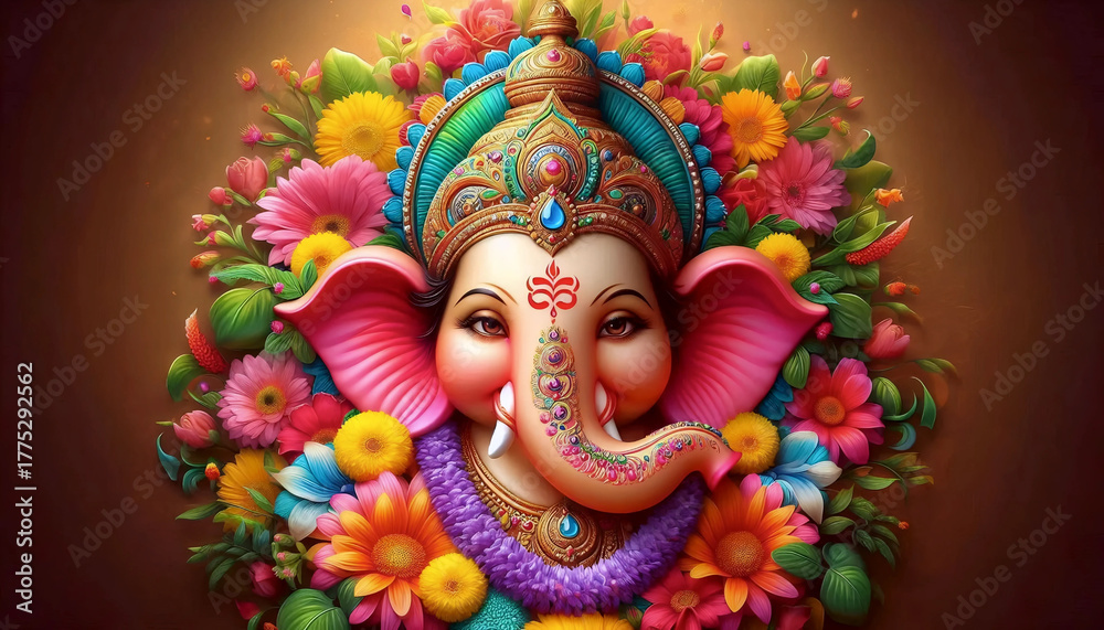 Fototapeta premium A Lord Ganesha with a flower garland, Ai generated image