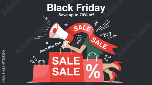 Black Friday Sale Woman With Megaphone and Shopping Bags image photo