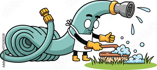 Funny Garden Hose Pipe Mascot Character Cleaning with Brush and Soap - Vector Art