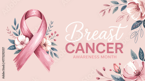 Breast Cancer Awareness Month Banner With Pink Ribbon and Flowers october support