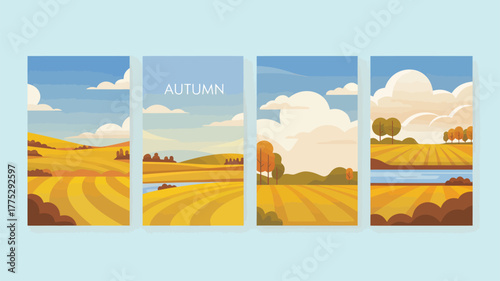 Autumn landscape scenes with fields trees and sky fall season