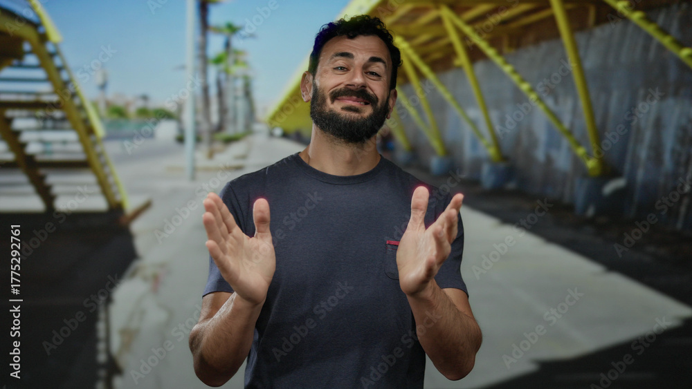 Fototapeta premium Hispanic man with beard clapping hands outdoors on a sunny street under yellow structure showing contentment and casual attitude.